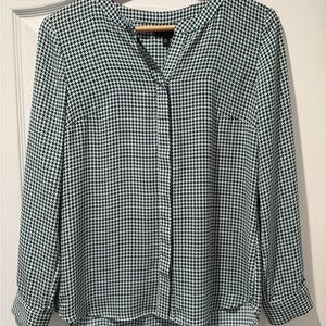 Talbots Green & White Houndstooth Button-Front Blouse